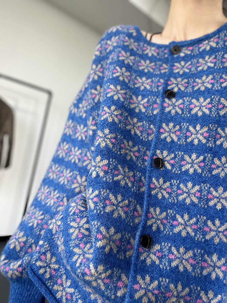 Knit Lazy Single-breasted Jacquard Thermal Cardigan Sweater