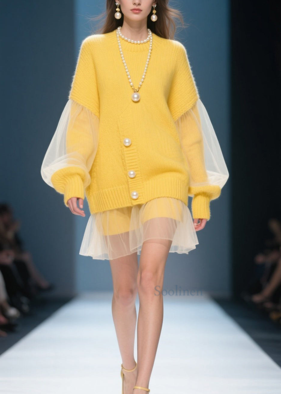Yellow O Neck Tulle Patchwork Knit Dress Fall