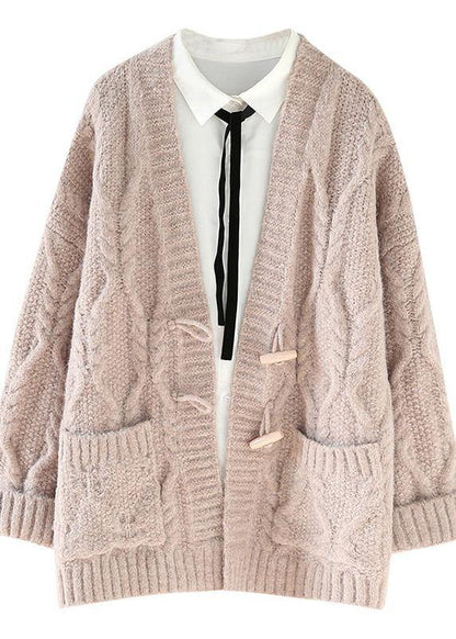 Aesthetic Knitwear Loose Fitting Pink V Neck Pockets Knit Cardigans
