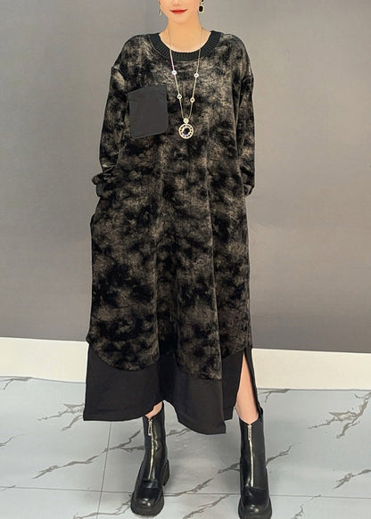 Black O-neck Tie Dye Side Open Silk Velvet Maxi Dress Winter