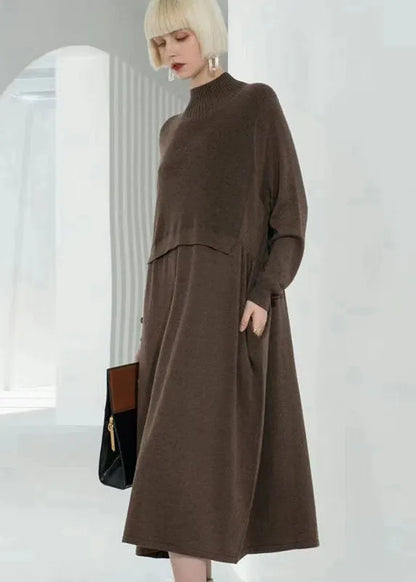 Coffee Turtle Neck Patchwork Wool Knit Sweater Dress Long Sleeve
