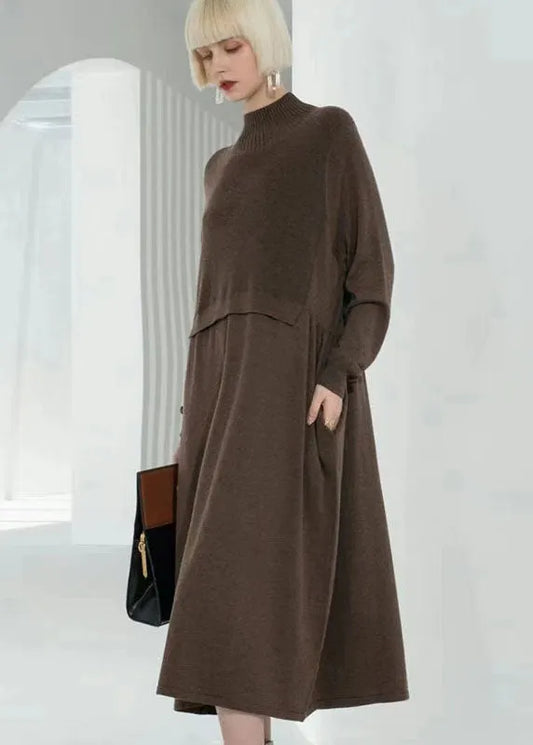 Coffee Turtle Neck Patchwork Wool Knit Sweater Dress Long Sleeve