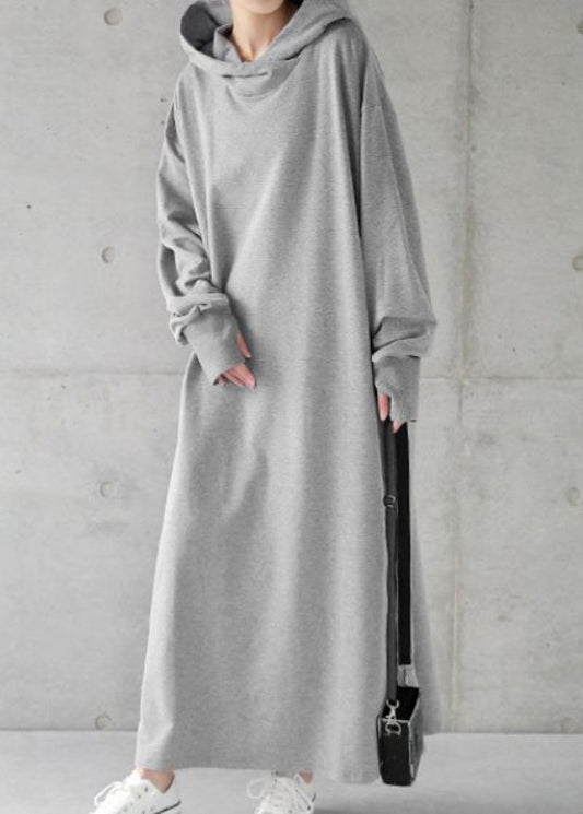 Loose Grey Hooded Cotton Sweatshirt Dress Spring