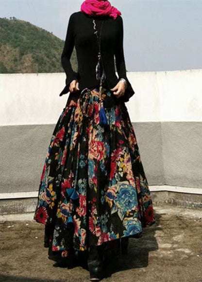 Black Wrinkled Asymmetrical Print Cotton Skirts Spring