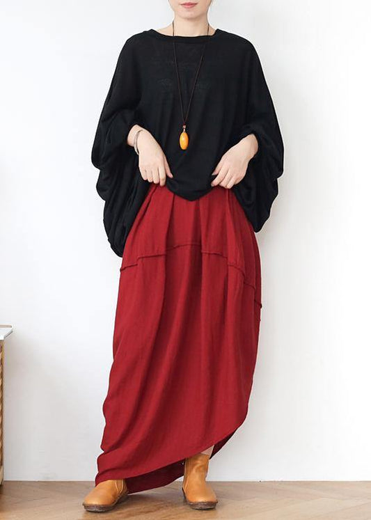 Red Elastic Waist Linen Skirt