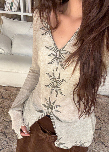 Beige V Neck Embroidered Cotton Top Fall