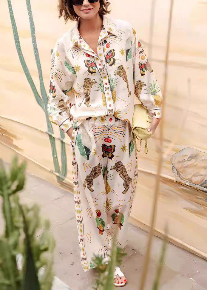Apricot Peter Pan Collar Tiger Print Shirts and Wide Leg Pants Two Piece Set Fall