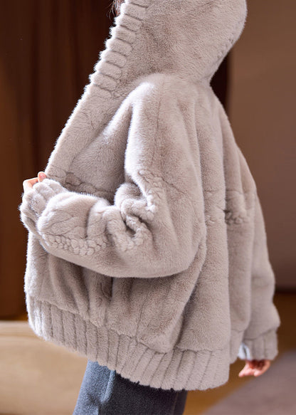 Loose Coffee Hooded Zippered Leather and Fur Coats Winter