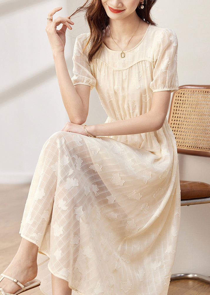 Apricot O-neck Wrinkled Patchwork Chiffon Dress Summer