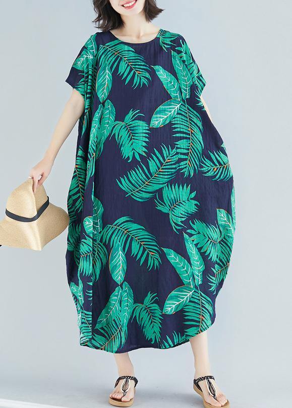 Simple O Neck Pockets Linen Cotton Quilting Clothes Runway Blue Print Dress Summer