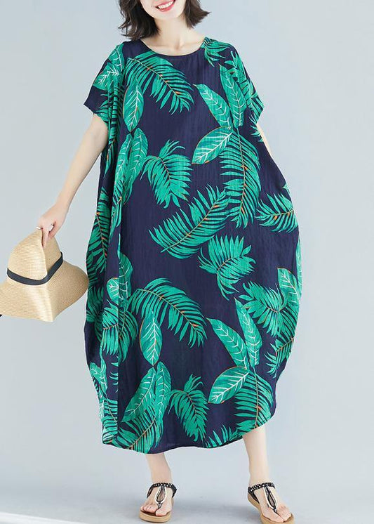 Simple O Neck Pockets Linen Cotton Quilting Clothes Runway Blue Print Dress Summer
