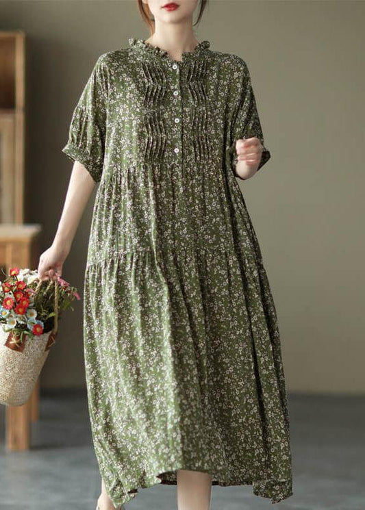 Green Cotton Linen Pleated Breasted Short Sleeve Dress