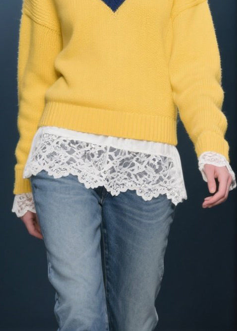 Yellow V Neck Warm Knitted Tops Winter