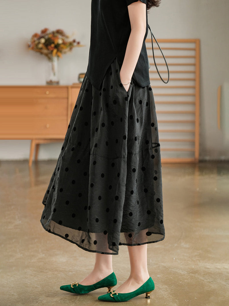 Dot Double Layers Elastic Waist Skirt