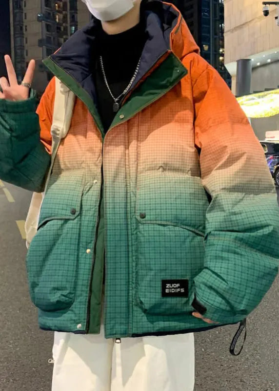 Unique Orange Gradient Color Hooded Pockets Duck Down Down Coats Winter