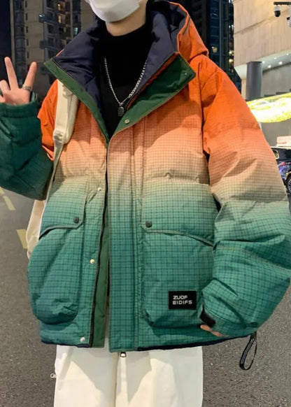 Unique Orange Gradient Color Hooded Pockets Duck Down Down Coats Winter