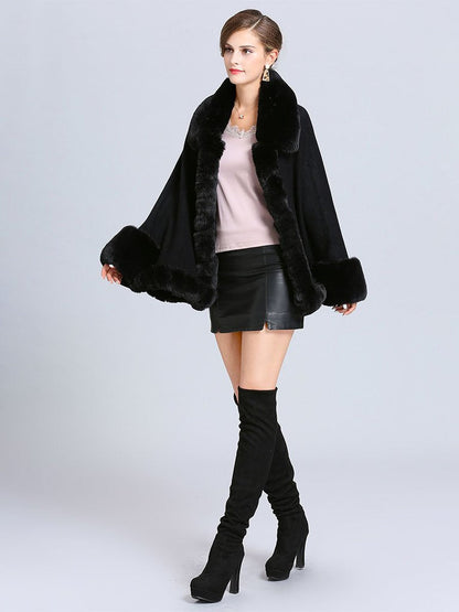Poncho Sweater Faux Fur Coat Shawl Collar