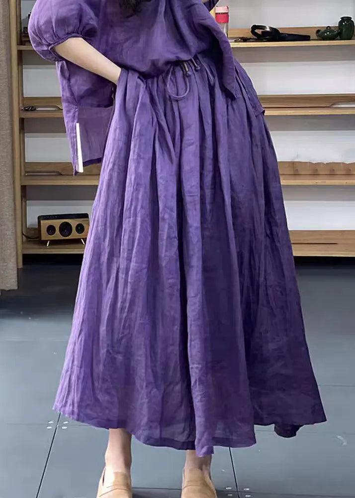 Loose Purple O-neck Tops and Skirts Cotton Two Pieces Set Summer