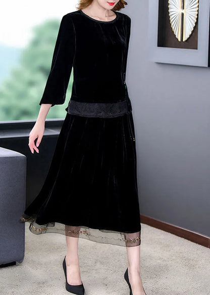 Art Black O-neck Tulle Patchwork Silk Velour Top and Maxi Skirts Two Pieces Set Long Sleeve
