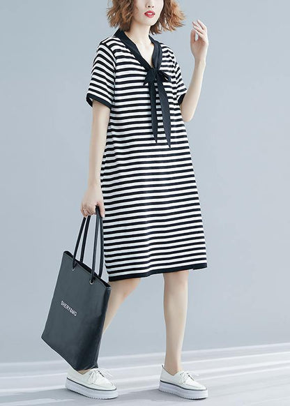 Black White Narrow Striped Short Sleeve Summer Cotton Dress