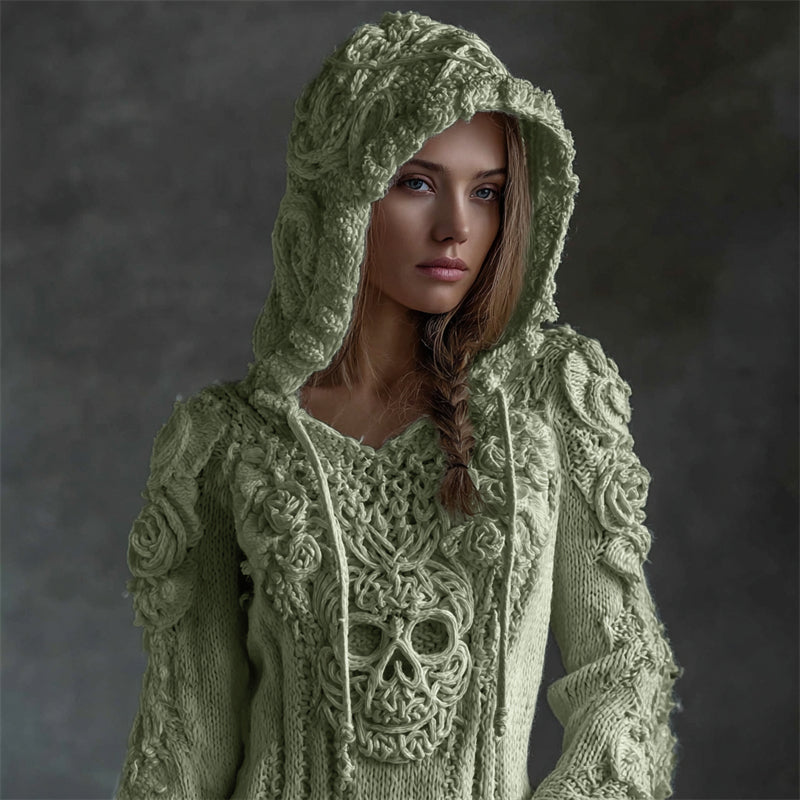 Vintage White Roses Viking Celtic Skull Hooded Cozy Knit Sweater elevenforest