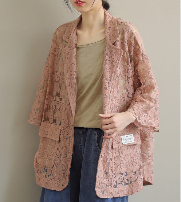 Loose Lace Embroidered Suit Collar Slim Coat