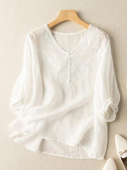 Embroidered V Neck Half Sleeve Linen Top