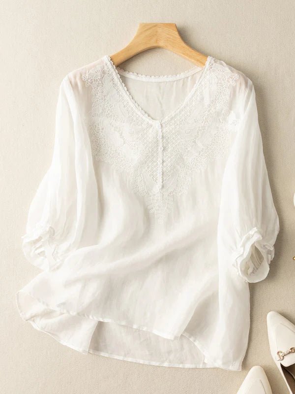 Embroidered V Neck Half Sleeve Linen Top