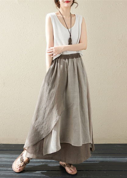 Khaki Pockets Asymmetrical Design Patchwork Linen Skirt Summer