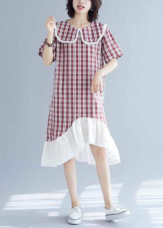 Patchwork Linen Clothes for Sleeve Red Plaid Dress Summer