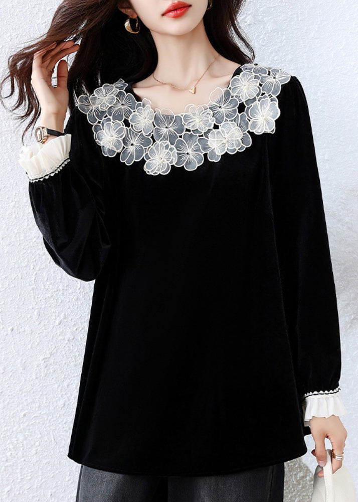 Black Patchwork Silk Velour T Shirt Fall
