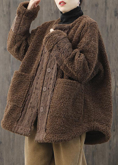 Light Blue O-neck Oversized Lace Patchwork Teddy Faux Fur Coats Winter