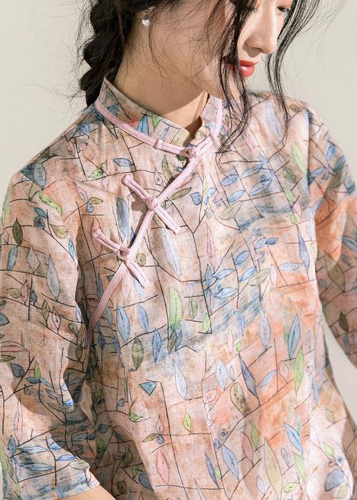 Art Stand Collar Half Sleeve Linen Clothes for Work Pink Print Dress