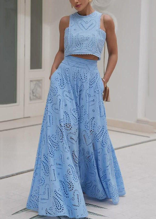 French Blue Hollow Out Tops and Skirts Cotton Two Piece Set Sleeveless