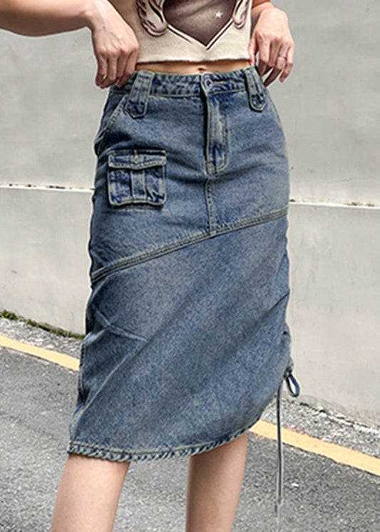 Blue Drawstring Pockets Patchwork Denim Skirt Fall