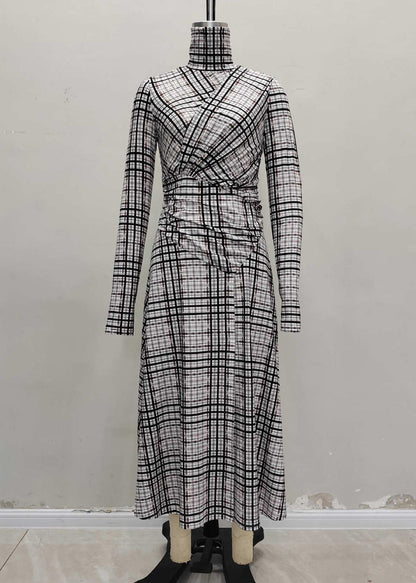 Hign Neck Plaid Patchwork Cotton Long Dresses Spring