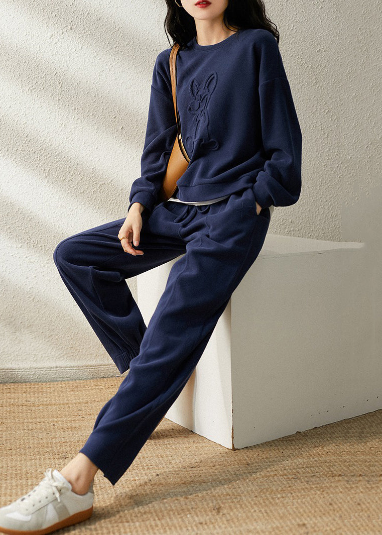 Simple Blue O-neck Patchwork Tops and Pants Cotton Two Pieces Set Fall