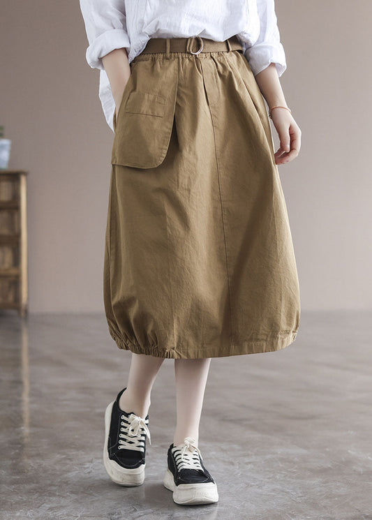 Khaki Elastic Waist Asymmetrical Pockets Cotton Skirts Summer