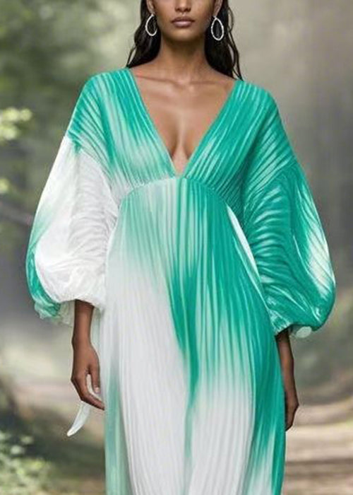 Gradient Color V Neck Wrinkled Chiffon Long Dress Spring