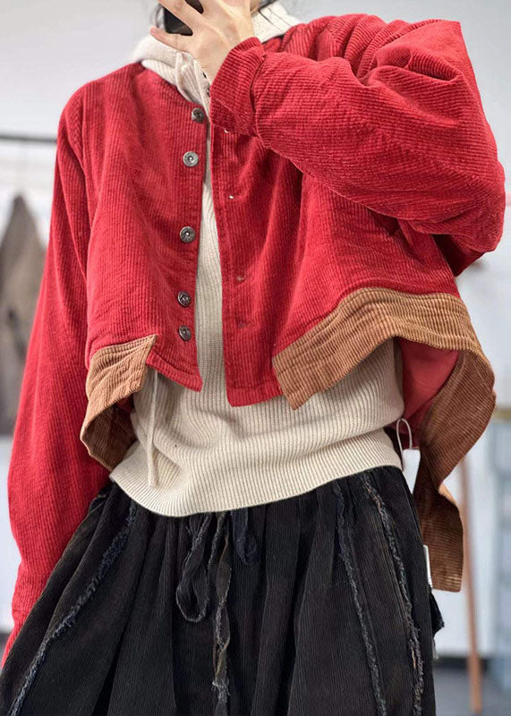 Red Oversized Patchwork Thick Corduroy Coat Winter