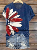 Women's Daisy American Flag Independence Day Print Crew Neck T-Shirt
