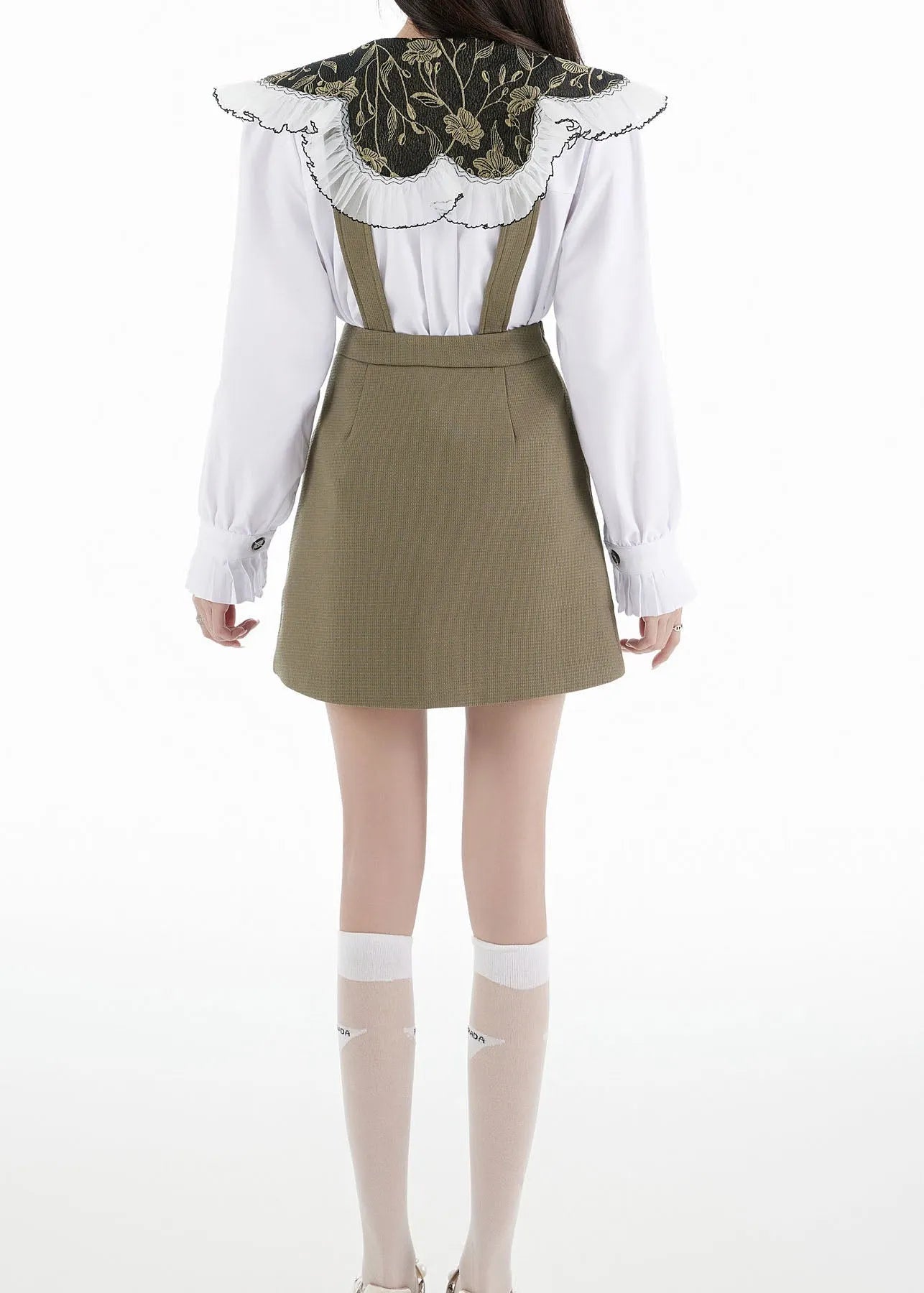 White Peter Pan Collar Shirts Tops and Skirts Cotton Two Pieces Set Spring
