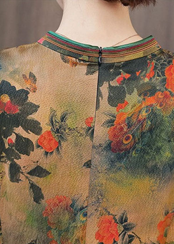 Green Print Silk Cheongsam Dresses Embroidered Slim Fit Summer