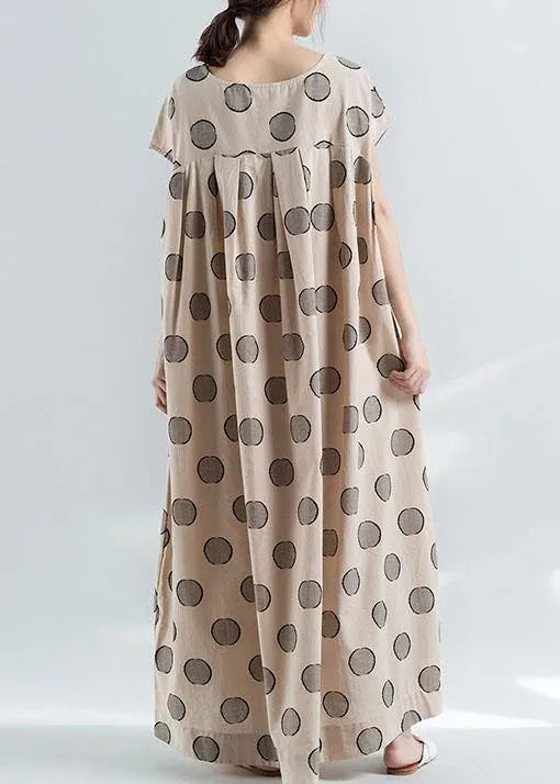 Organic Nude Dotted Prints Cotton Tunic Pattern Loose Waist Maxi Summer Dress