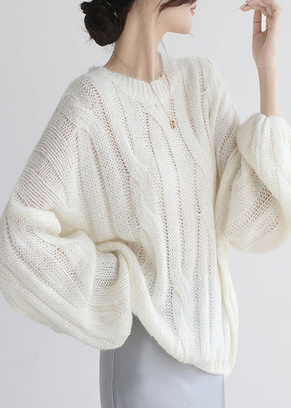 Loose White Hollow Out Cozy Woolen Shirt Puff Sleeve