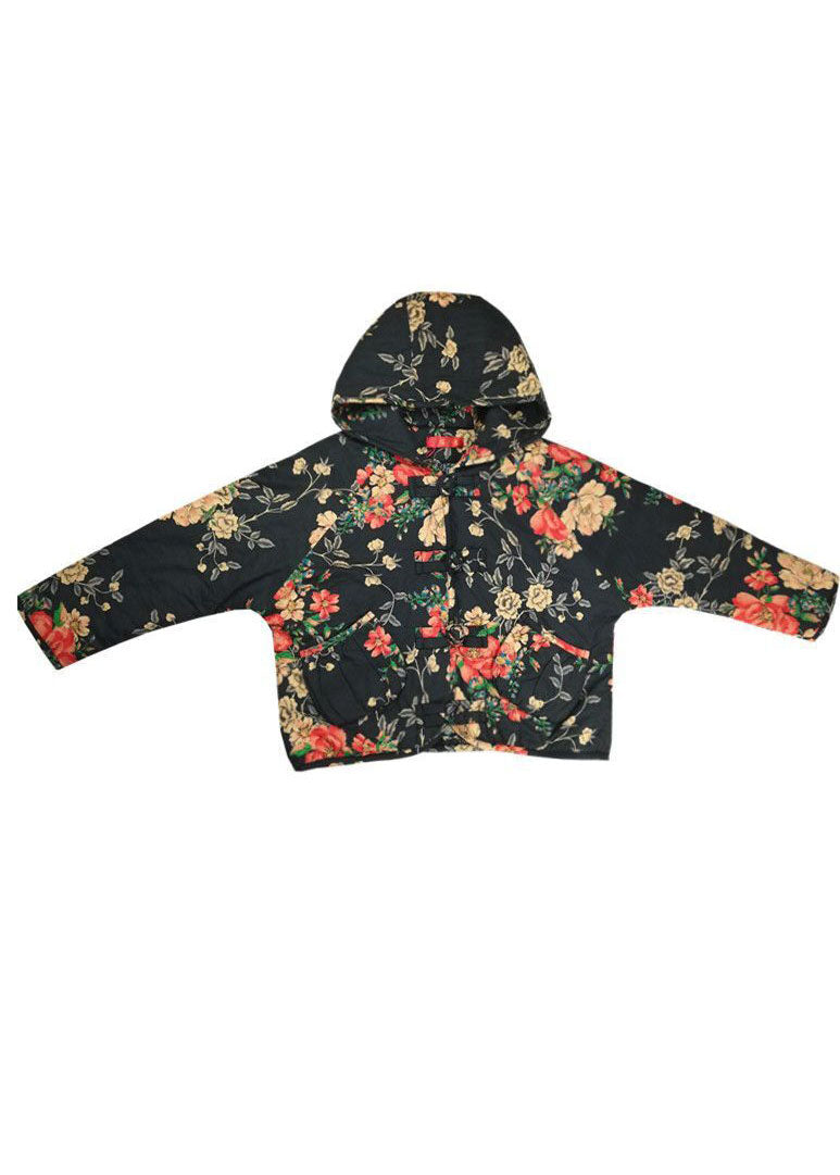 Art Black Hooded Pockets Print Fine Cotton Filled Coats Winter