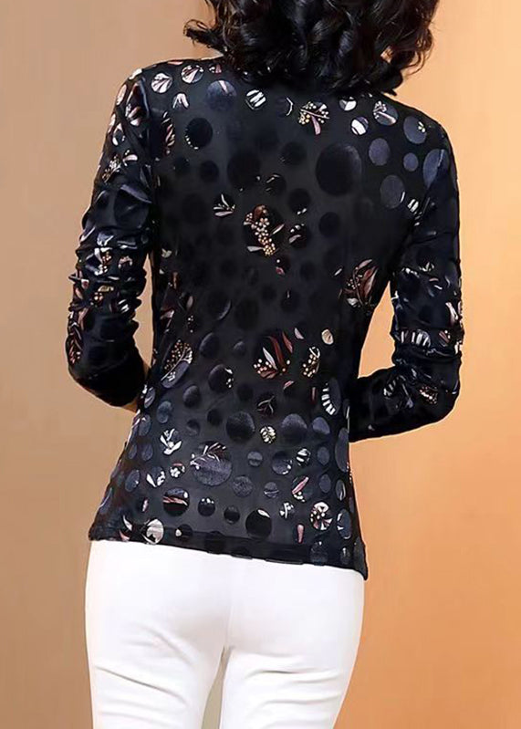 Black V Neck Print Tulle Patchwork Velour Top Spring