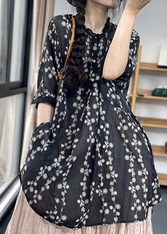 Black Stand Collar Side Open Print Shirt Top Short Sleeve