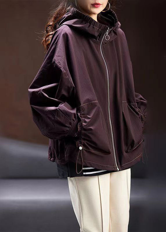 Purple Zippered Patchwork Drawstring Hooded Coat Fall