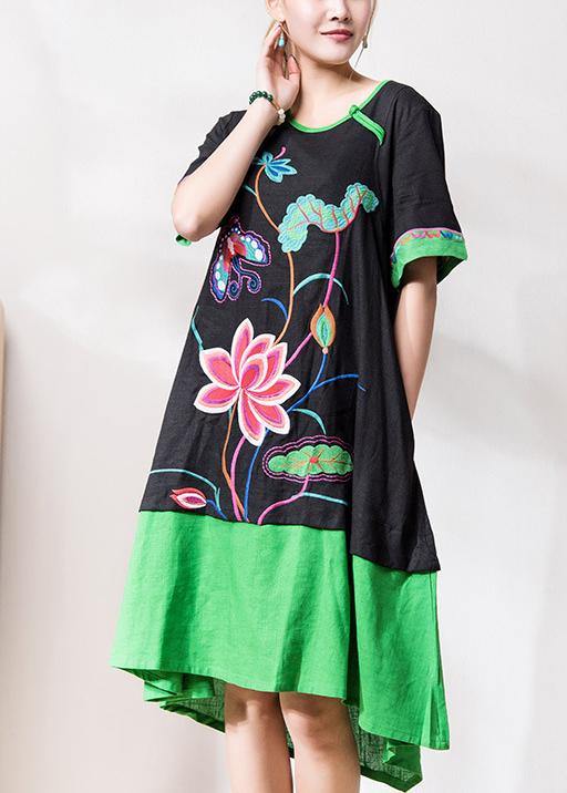 Black Embroidery Linen Dresses O Neck Patchwork Dresses Summer Dress